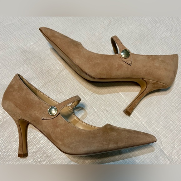 Ann Taylor New Sz 7 M Suede Leather Women's Tan Nude Mary Jane Heels Shoes - Picture 3 of 8